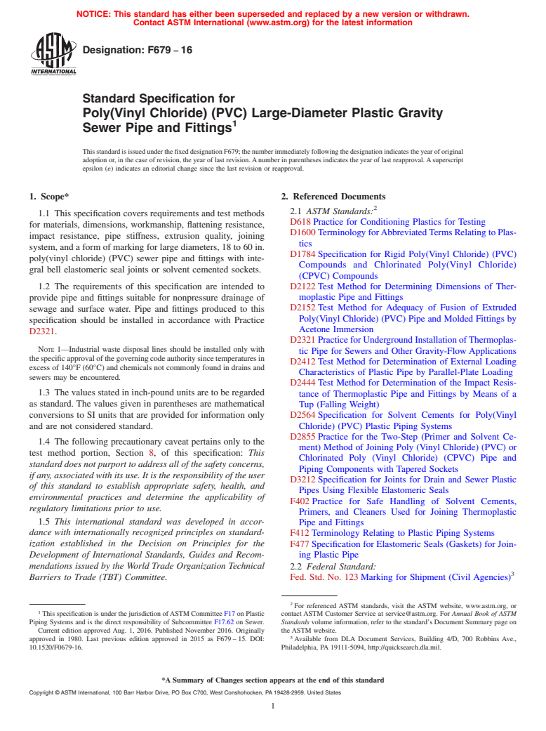 ASTM F679-16 - Standard Specification for  Poly(Vinyl Chloride) (PVC) Large-Diameter Plastic Gravity Sewer  Pipe and Fittings