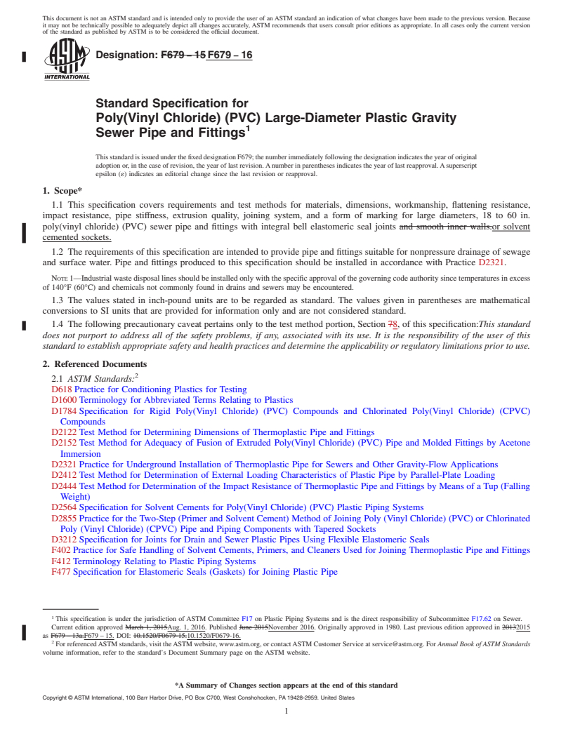 REDLINE ASTM F679-16 - Standard Specification for  Poly(Vinyl Chloride) (PVC) Large-Diameter Plastic Gravity Sewer  Pipe and Fittings