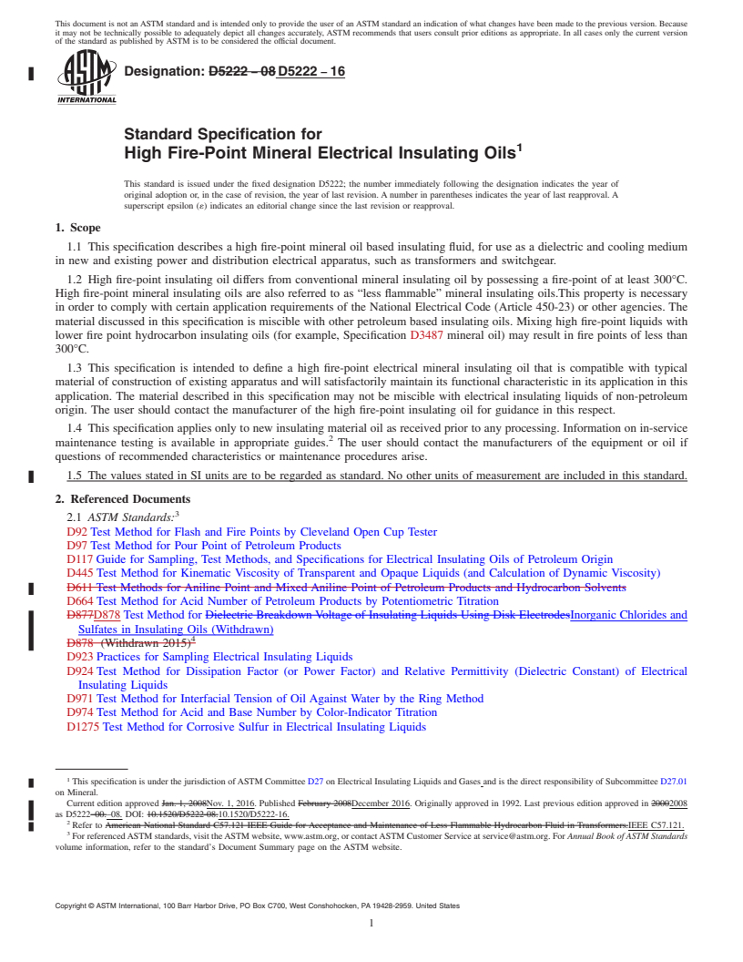 REDLINE ASTM D5222-16 - Standard Specification for  High Fire-Point Mineral Electrical Insulating Oils