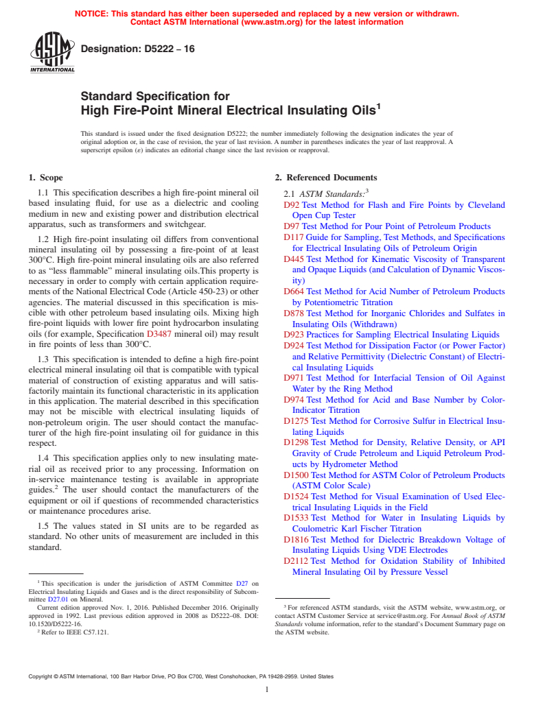 ASTM D5222-16 - Standard Specification for  High Fire-Point Mineral Electrical Insulating Oils