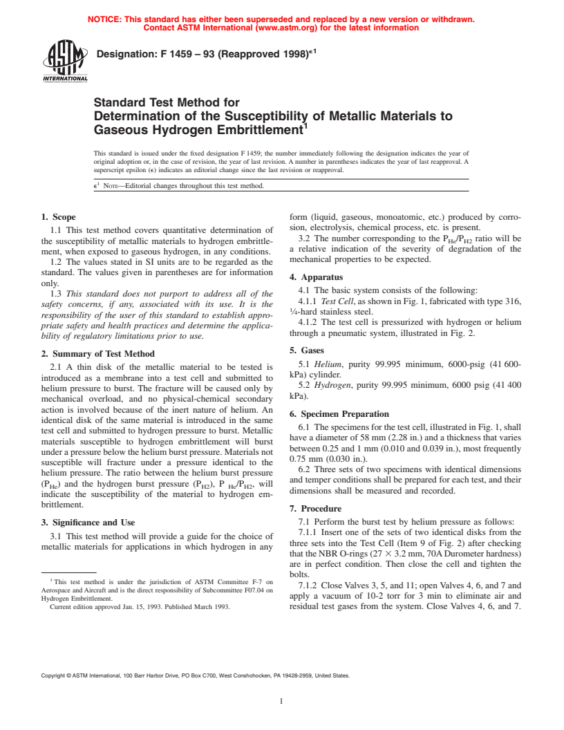 ASTM F1459-93(1998)e1 - Standard Test Method for Determination of the Susceptibility of Metallic Materials to Gaseous Hydrogen Embrittlement