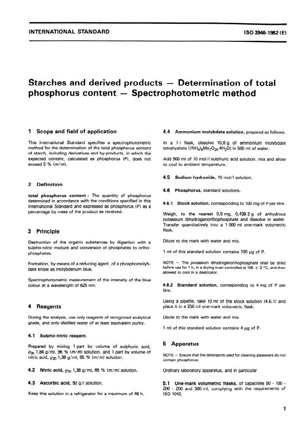 ISO 3946:1982 - Starches and derived products -- Determination of total phosphorus content -- Spectrophotometric method