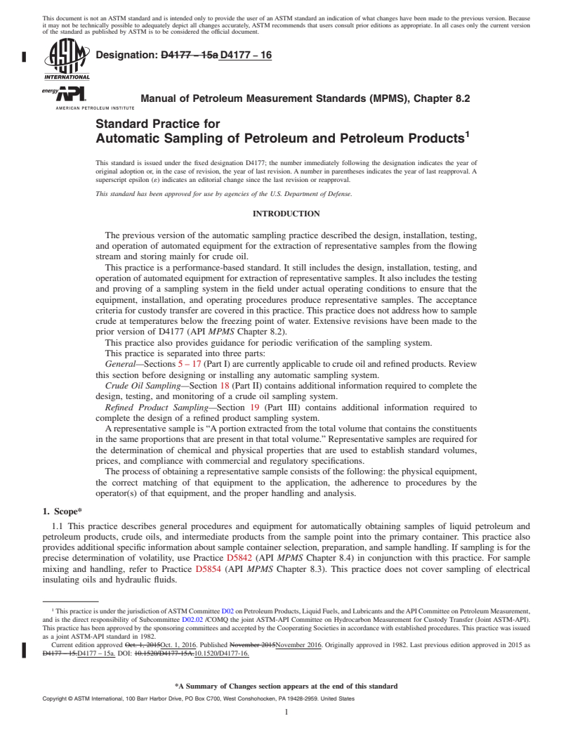 REDLINE ASTM D4177-16 - Standard Practice for Automatic Sampling of Petroleum and Petroleum Products