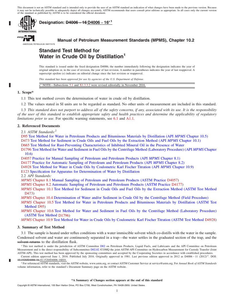 REDLINE ASTM D4006-16e1 - Standard Test Method for Water in Crude Oil by Distillation