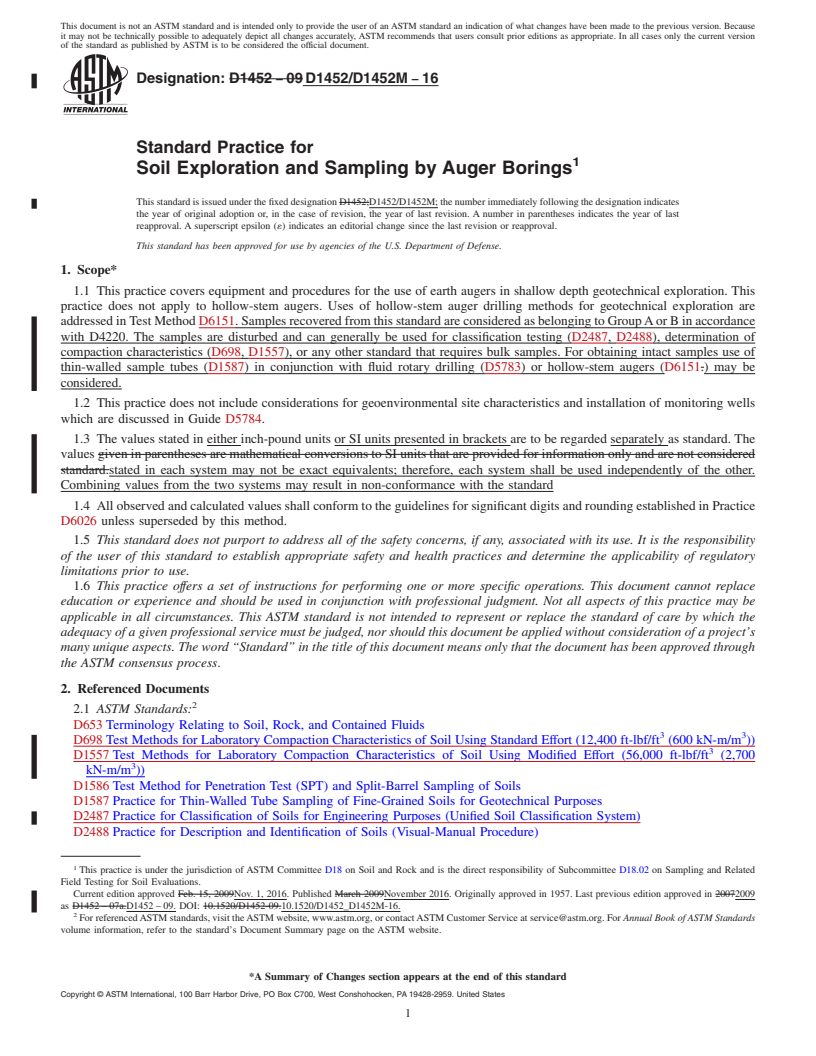 REDLINE ASTM D1452/D1452M-16 - Standard Practice for  Soil Exploration and Sampling by Auger Borings