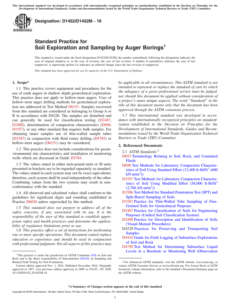 ASTM D1452/D1452M-16 - Standard Practice for  Soil Exploration and Sampling by Auger Borings