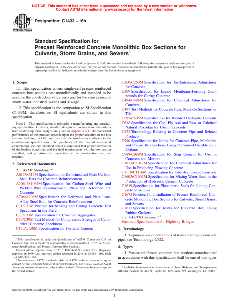 ASTM C1433-16b - Standard Specification for  Precast Reinforced Concrete Monolithic Box Sections for Culverts,  Storm Drains, and Sewers