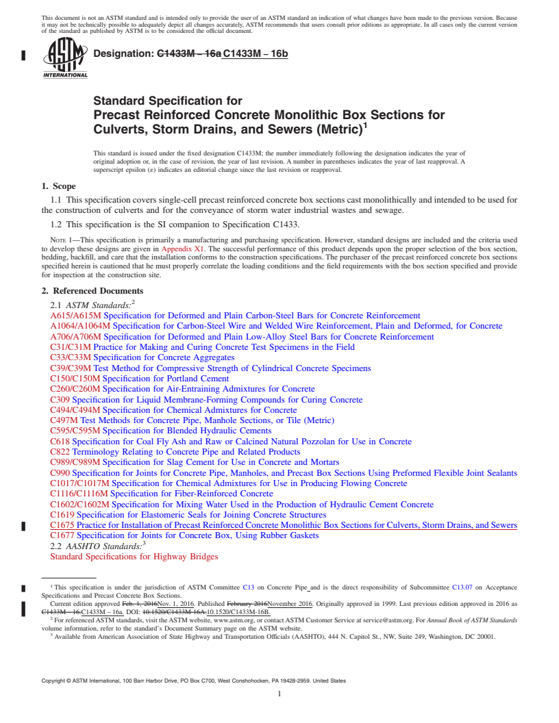 REDLINE ASTM C1433M-16b - Standard Specification for  Precast Reinforced Concrete Monolithic Box Sections for Culverts,  Storm Drains, and Sewers (Metric)