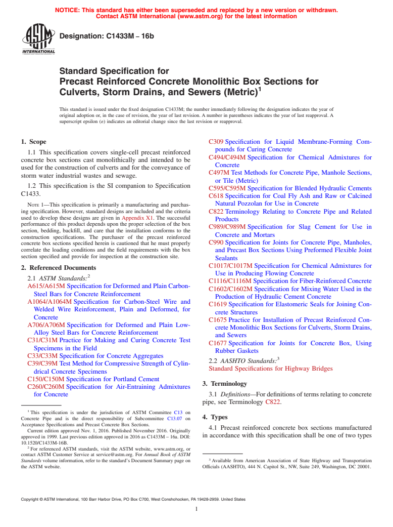 ASTM C1433M-16b - Standard Specification for  Precast Reinforced Concrete Monolithic Box Sections for Culverts,  Storm Drains, and Sewers (Metric)