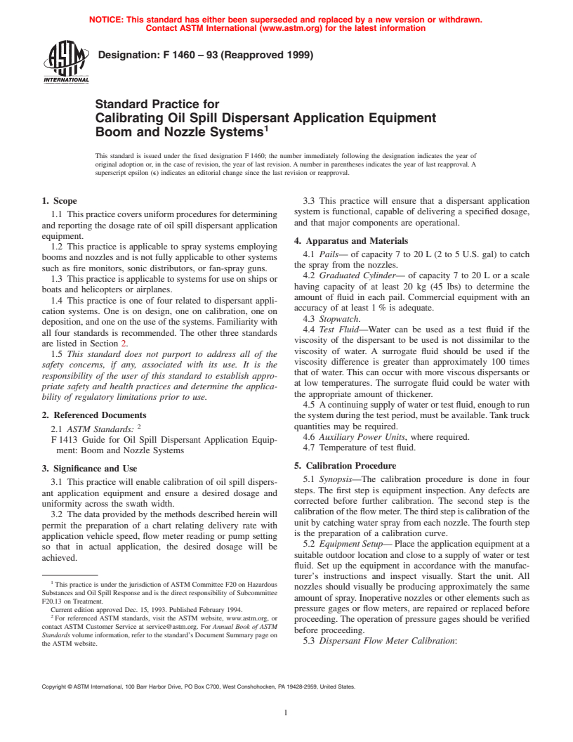 ASTM F1460-93(1999) - Standard Practice for Calibrating Oil Spill Dispersant Application Equipment Boom and Nozzle Systems