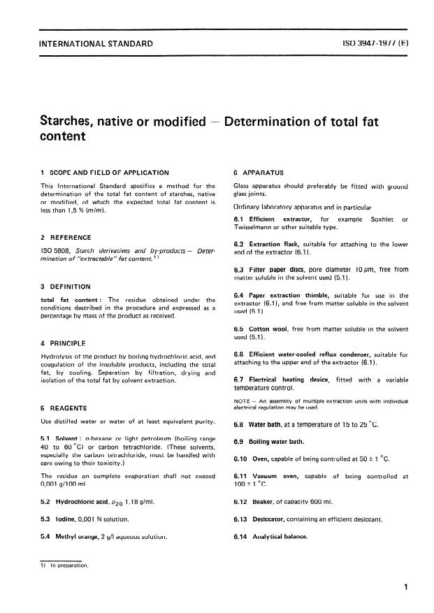 ISO 3947:1977 - Starches, native or modified -- Determination of total fat content