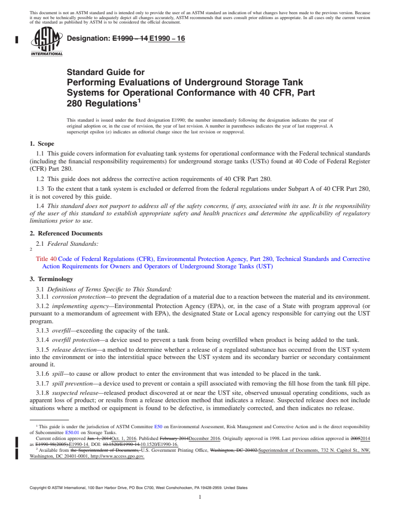 REDLINE ASTM E1990-16 - Standard Guide for  Performing Evaluations of Underground Storage Tank Systems  for Operational Conformance with 40 CFR, Part 280 Regulations