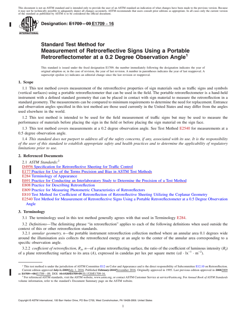 REDLINE ASTM E1709-16 - Standard Test Method for Measurement of Retroreflective Signs Using a Portable Retroreflectometer     at a 0.2 Degree Observation Angle