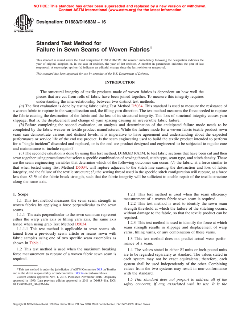 ASTM D1683/D1683M-16 - Standard Test Method for  Failure in Sewn Seams of Woven Fabrics