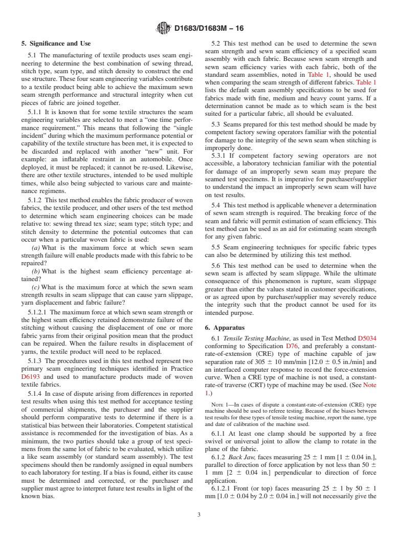 ASTM D1683/D1683M-16 - Standard Test Method for  Failure in Sewn Seams of Woven Fabrics