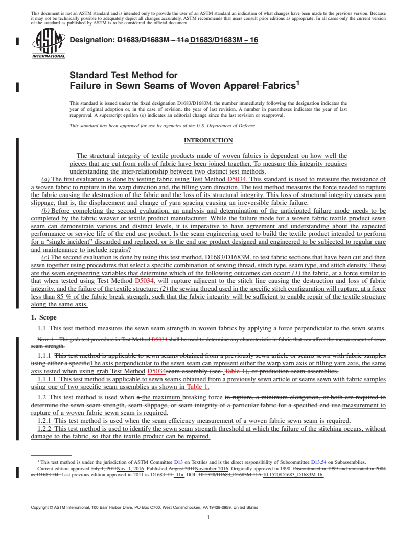 REDLINE ASTM D1683/D1683M-16 - Standard Test Method for  Failure in Sewn Seams of Woven Fabrics