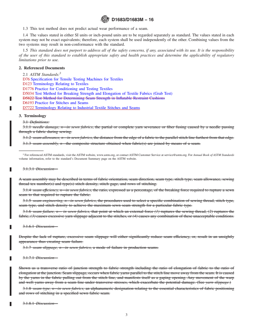 REDLINE ASTM D1683/D1683M-16 - Standard Test Method for  Failure in Sewn Seams of Woven Fabrics