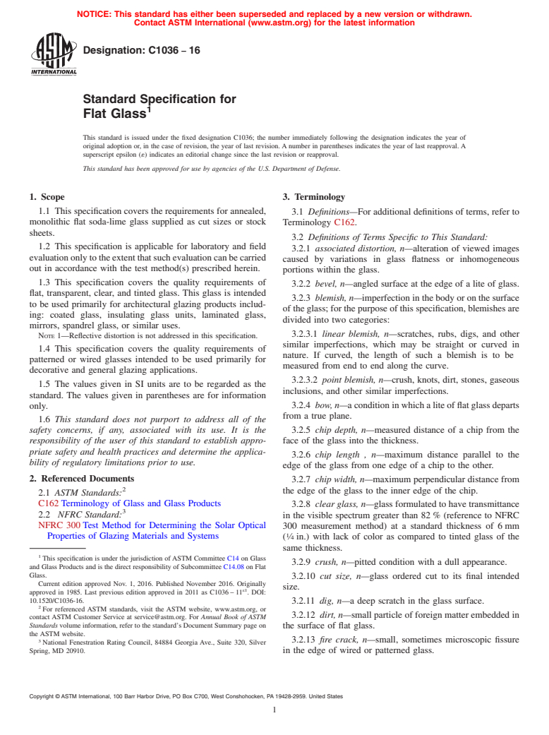 ASTM C1036-16 - Standard Specification for  Flat Glass