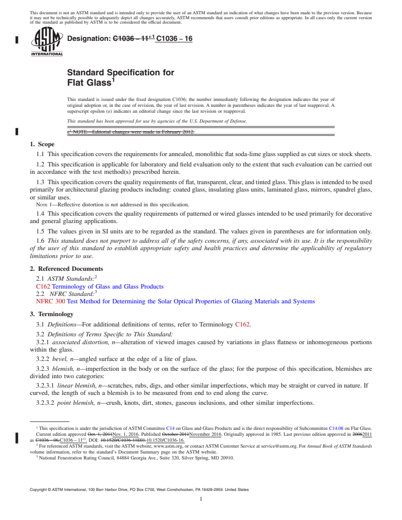 REDLINE ASTM C1036-16 - Standard Specification for  Flat Glass