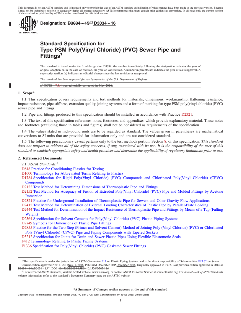 REDLINE ASTM D3034-16 - Standard Specification for  Type PSM Poly(Vinyl Chloride) (PVC) Sewer Pipe and Fittings