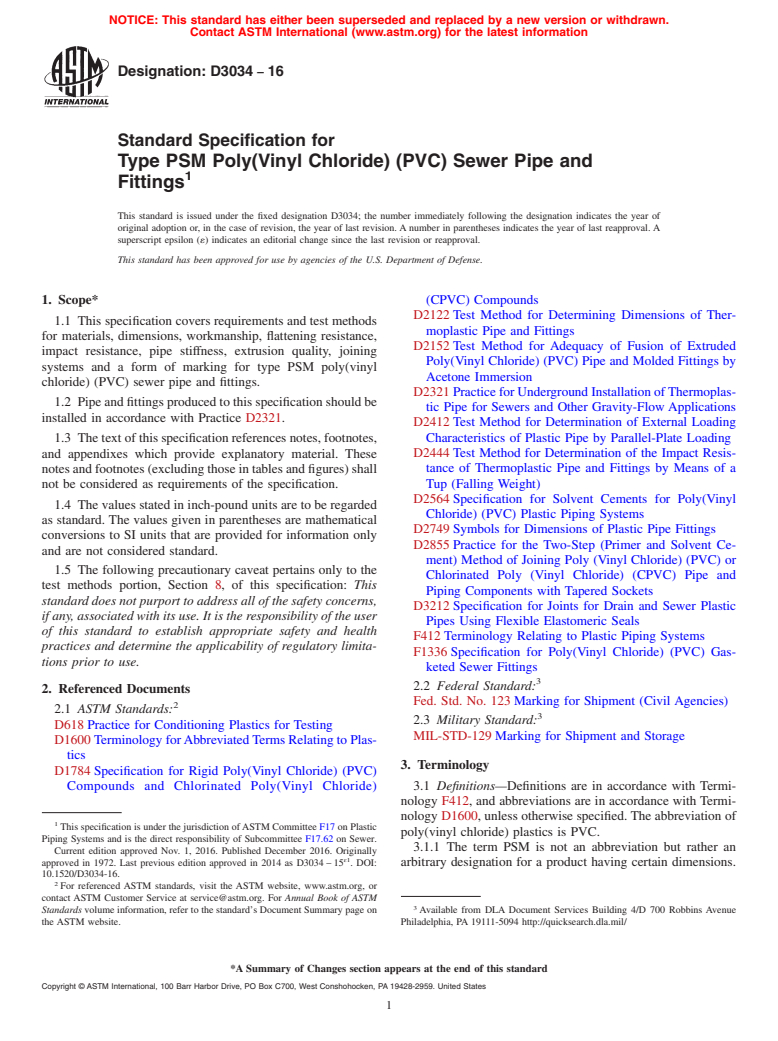 ASTM D3034-16 - Standard Specification for  Type PSM Poly(Vinyl Chloride) (PVC) Sewer Pipe and Fittings