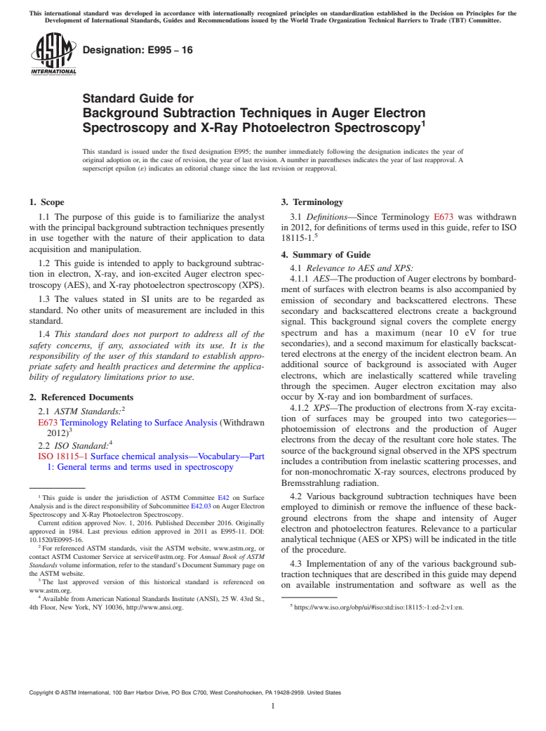 ASTM E995-16 - Standard Guide for Background Subtraction Techniques in Auger Electron Spectroscopy  and X-Ray Photoelectron Spectroscopy