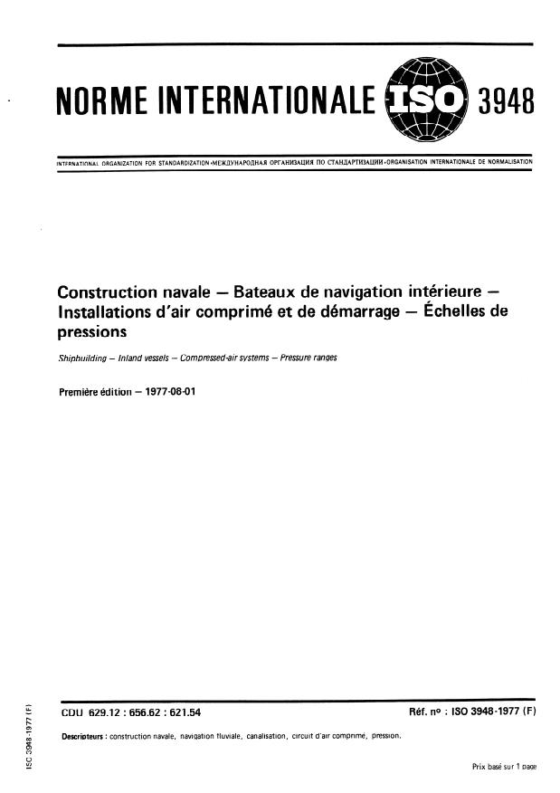 ISO 3948:1977 - Construction navale -- Bateaux de navigation intérieure -- Installations d'air comprimé et de démarrage -- Échelles de pressions