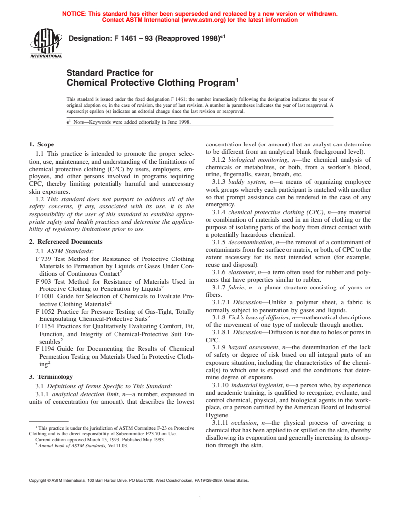 ASTM F1461-93(1998)e1 - Standard Practice for Chemical Protective Clothing Program