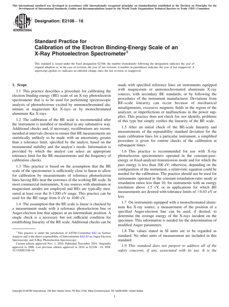 ASTM E2108-16 - Standard Practice for Calibration of the Electron Binding-Energy Scale of an X-Ray  Photoelectron Spectrometer