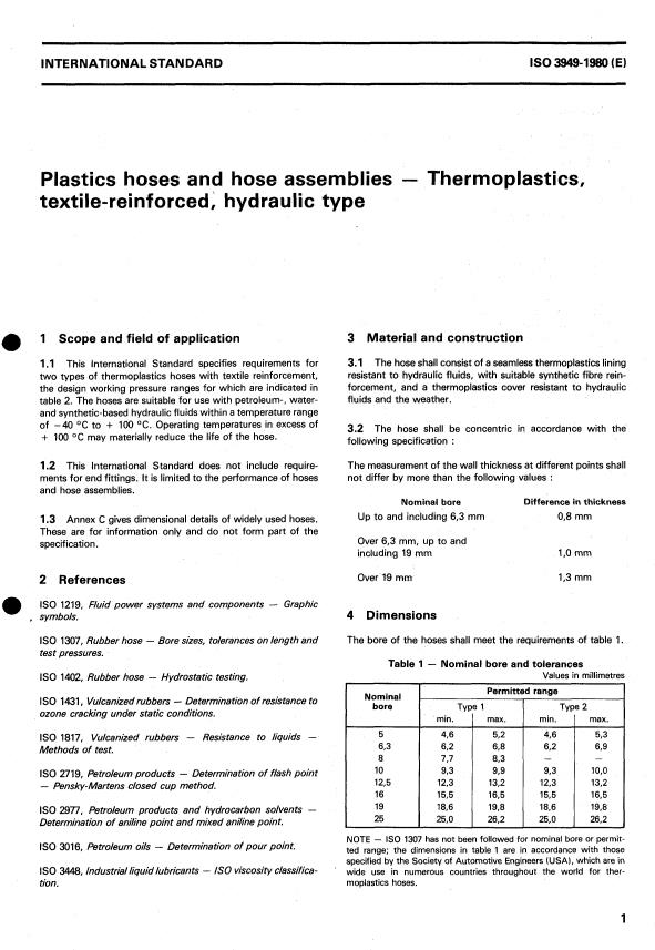 ISO 3949:1980 - Plastics hoses and hose assemblies -- Thermoplastics, textile-reinforced, hydraulic type
