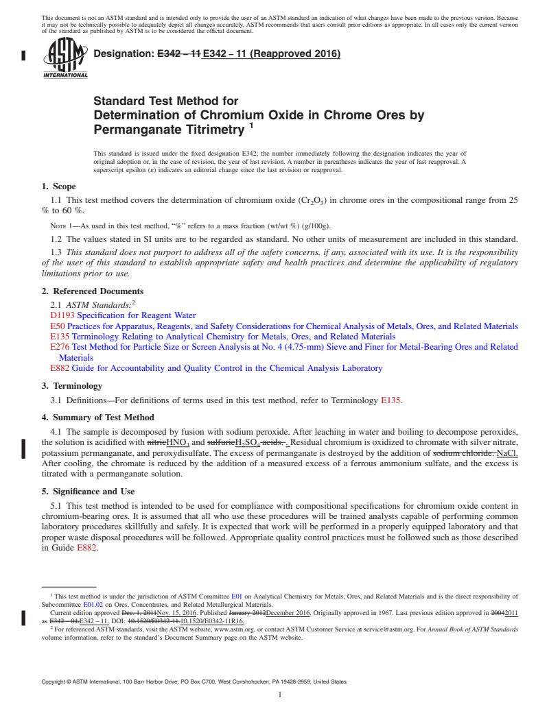 REDLINE ASTM E342-11(2016) - Standard Test Method for  Determination of Chromium Oxide in Chrome Ores by Permanganate  Titrimetry