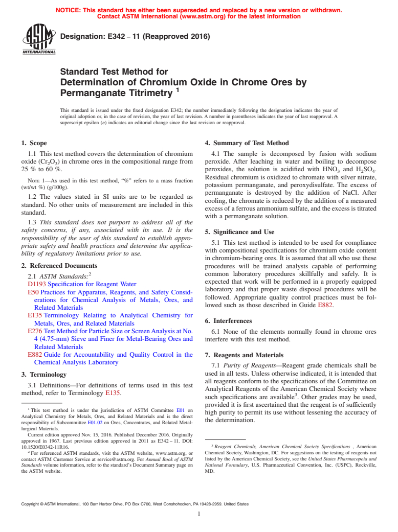 ASTM E342-11(2016) - Standard Test Method for  Determination of Chromium Oxide in Chrome Ores by Permanganate  Titrimetry