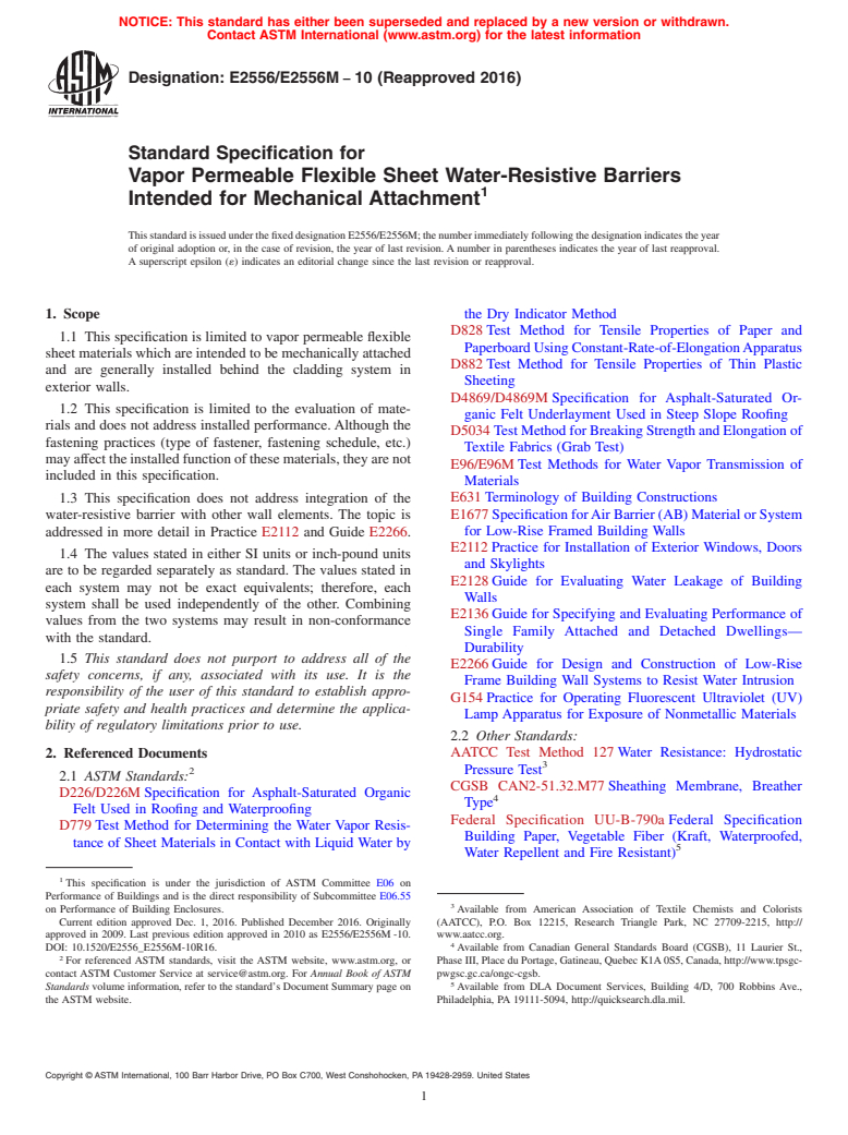 ASTM E2556/E2556M-10(2016) - Standard Specification for Vapor Permeable Flexible Sheet Water-Resistive Barriers Intended  for Mechanical Attachment