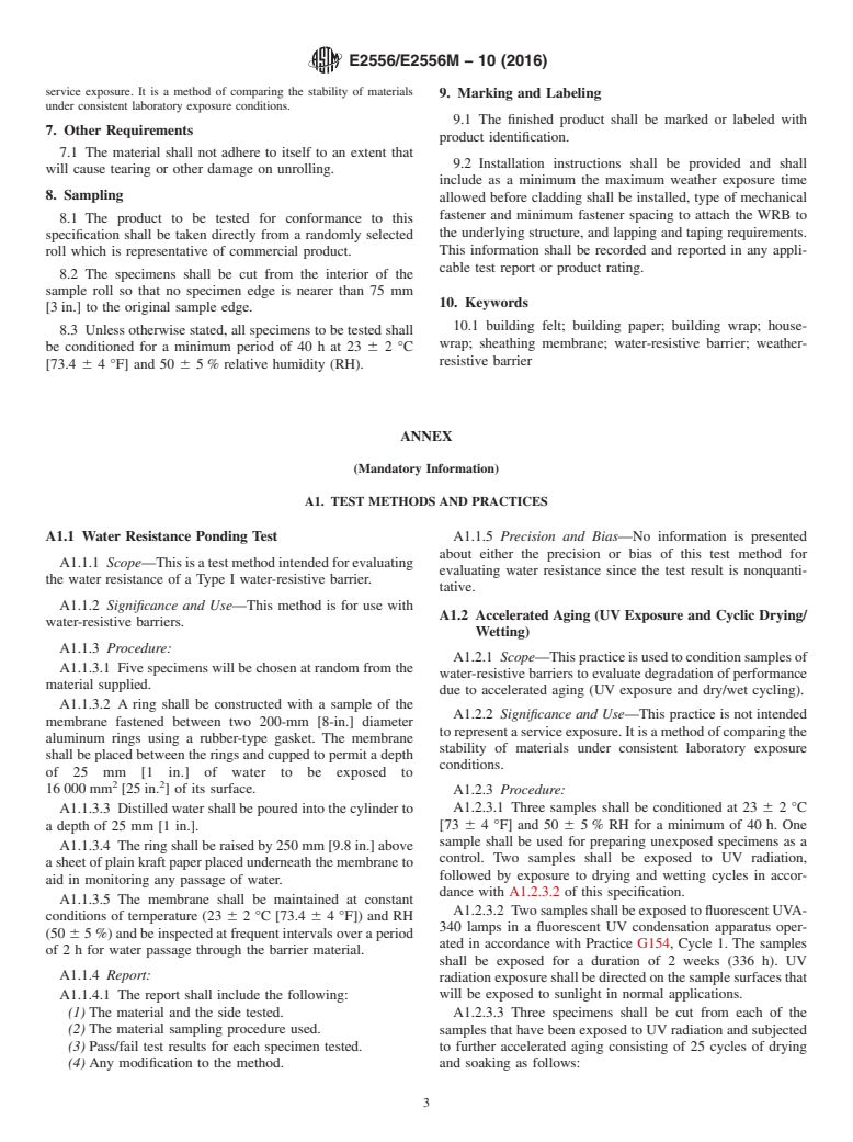 ASTM E2556/E2556M-10(2016) - Standard Specification for Vapor Permeable Flexible Sheet Water-Resistive Barriers Intended  for Mechanical Attachment