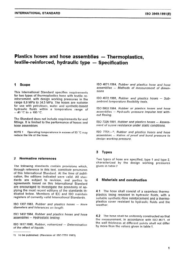 ISO 3949:1991 - Plastics hoses and hose assemblies -- Thermoplastics, textile-reinforced, hydraulic type -- Specification
