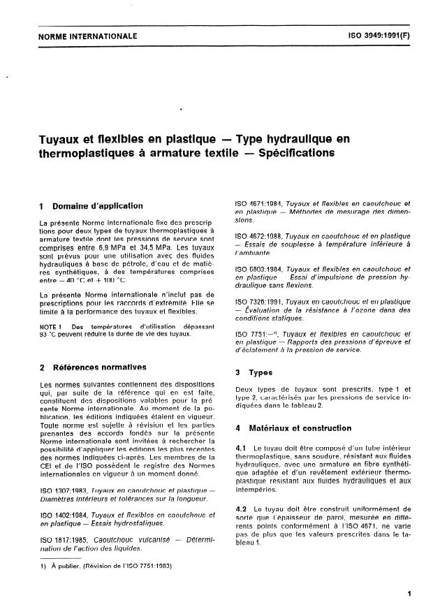 ISO 3949:1991 - Tuyaux et flexibles en plastique -- Type hydraulique en thermoplastiques a armature textile -- Spécifications