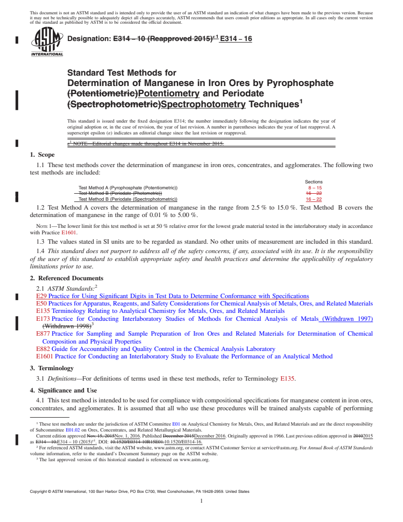 REDLINE ASTM E314-16 - Standard Test Methods for  Determination of Manganese in Iron Ores by Pyrophosphate Potentiometry  and Periodate Spectrophotometry Techniques