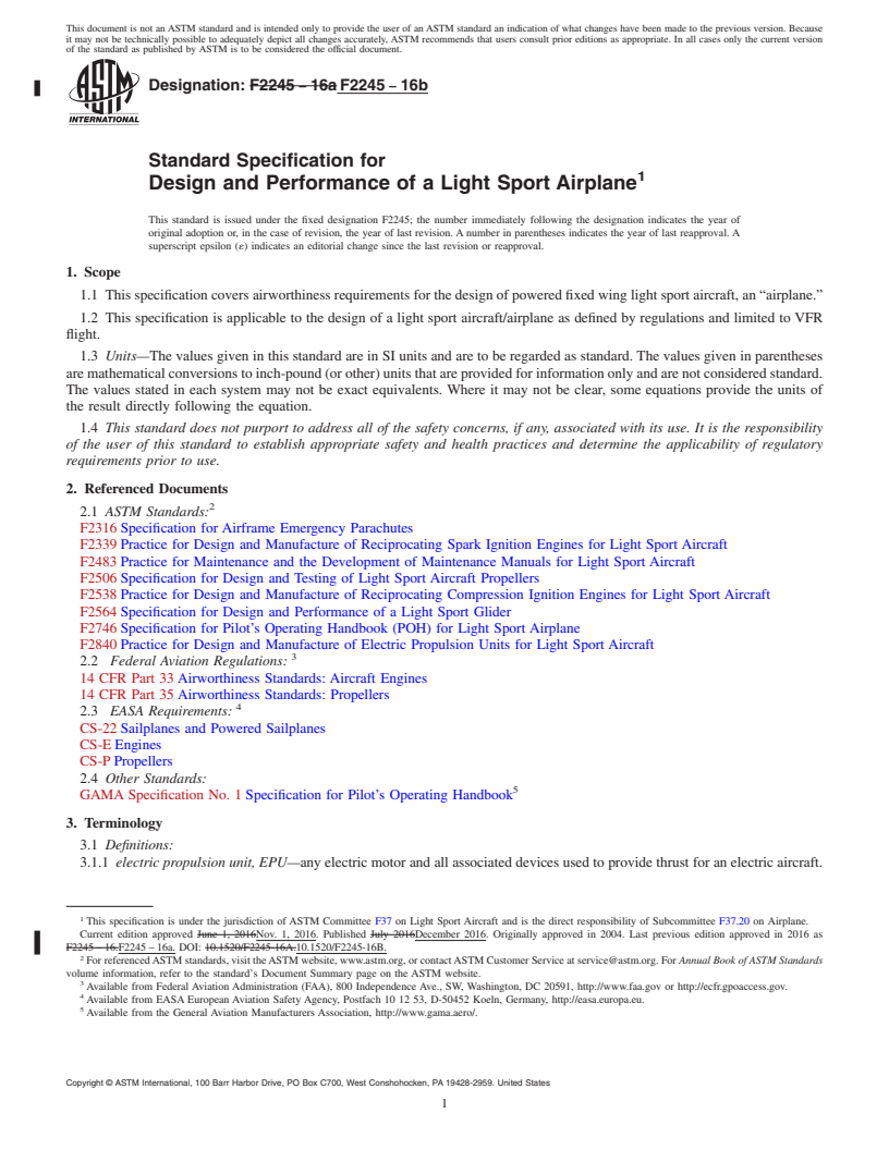 REDLINE ASTM F2245-16b - Standard Specification for Design and Performance of a Light Sport Airplane