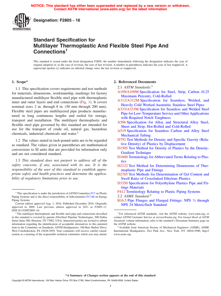 ASTM F2805-16 - Standard Specification for Multilayer Thermoplastic And Flexible Steel Pipe And Connections