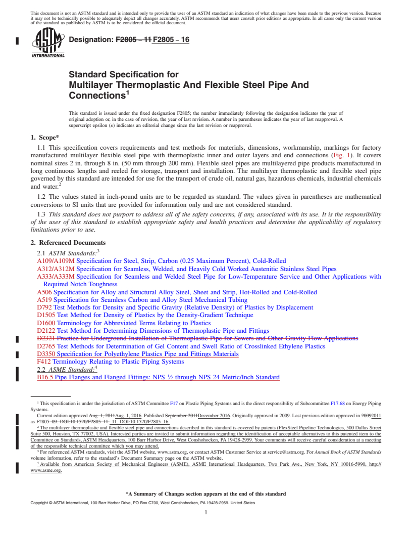 REDLINE ASTM F2805-16 - Standard Specification for Multilayer Thermoplastic And Flexible Steel Pipe And Connections