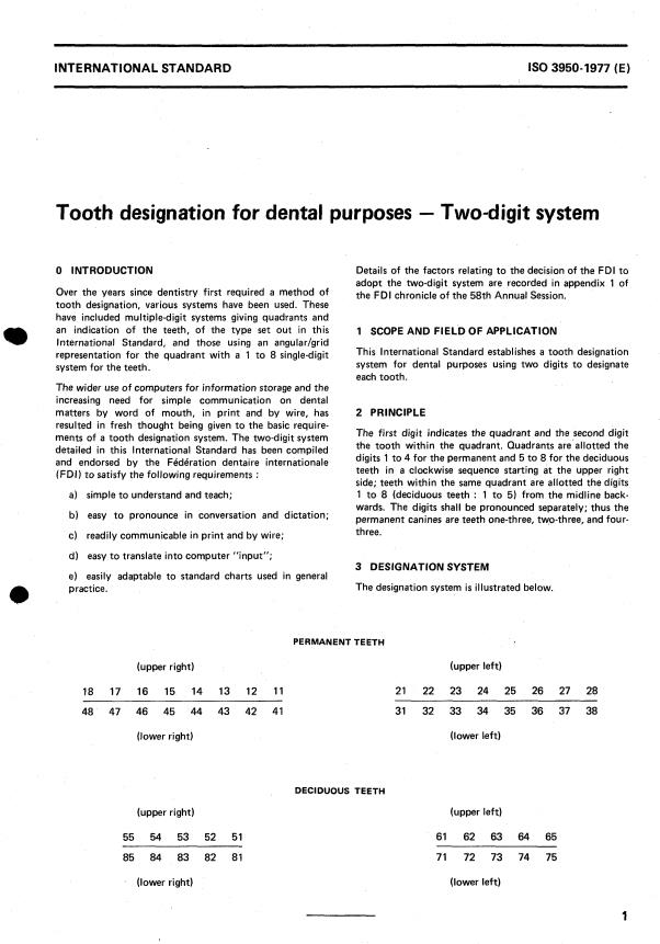 ISO 3950:1977 - Tooth designation for dental purposes -- Two-digit system