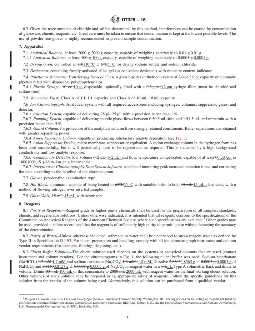 REDLINE ASTM D7328-16 - Standard Test Method for  Determination of Existent and Potential Inorganic Sulfate and  Total Inorganic Chloride in Fuel Ethanol by Ion Chromatography Using  Aqueous Sample Injection