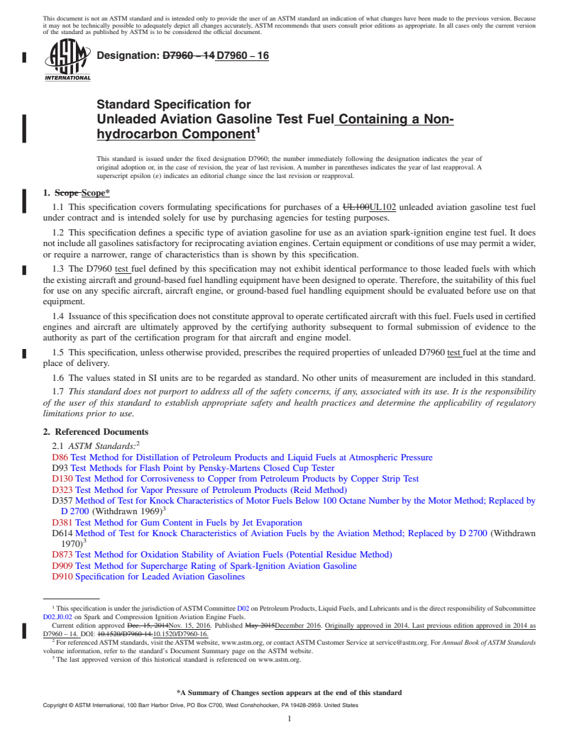 REDLINE ASTM D7960-16 - Standard Specification for Unleaded Aviation Gasoline Test Fuel Containing a Non-hydrocarbon  Component