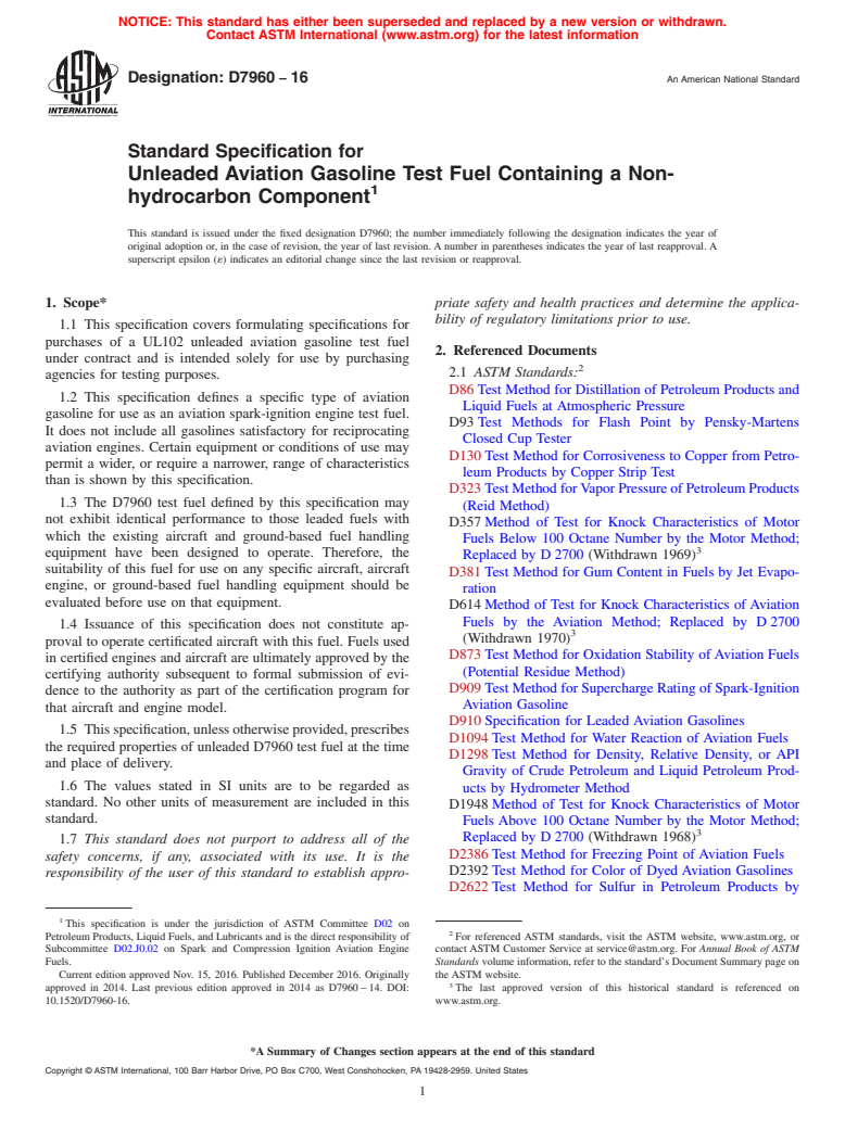 ASTM D7960-16 - Standard Specification for Unleaded Aviation Gasoline Test Fuel Containing a Non-hydrocarbon  Component