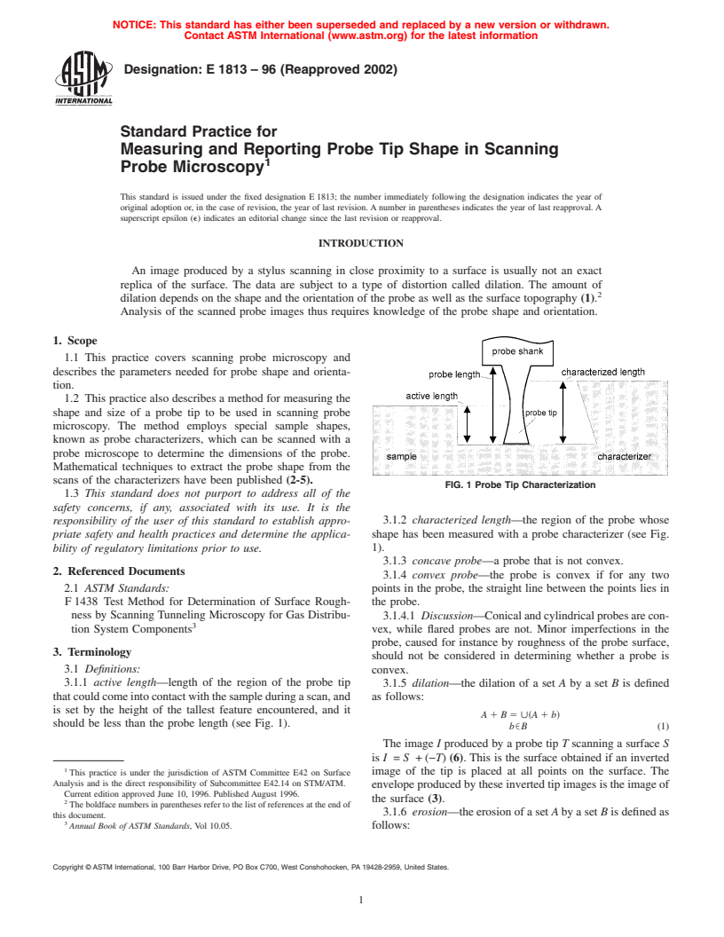 ASTM E1813-96(2002) - Standard Practice for Measuring and Reporting Probe Tip Shape in Scanning Probe Microscopy