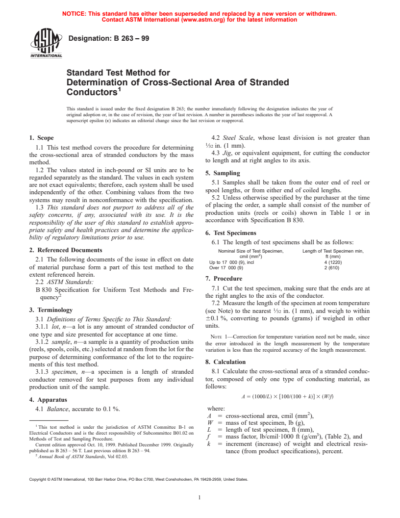 ASTM B263-99 - Standard Test Method for Determination of Cross-Sectional Area of Stranded Conductors