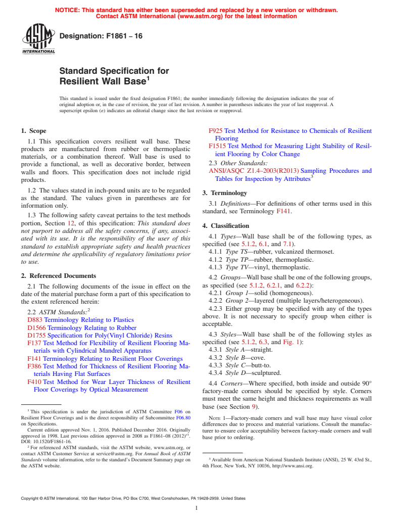 ASTM F1861-16 - Standard Specification for  Resilient Wall Base