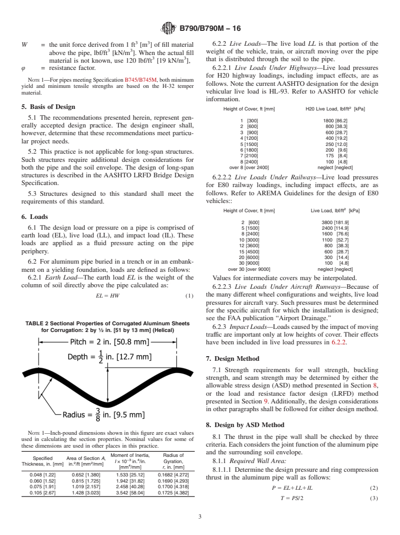 ASTM B790/B790M-16 - Standard Practice for  Structural Design of Corrugated Aluminum Pipe, Pipe-Arches,  and Arches for Culverts, Storm Sewers, and Other Buried Conduits