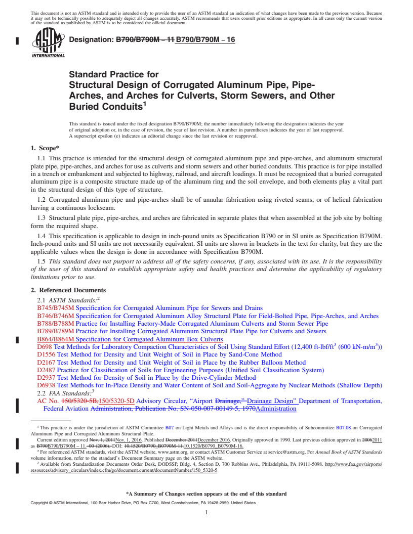 REDLINE ASTM B790/B790M-16 - Standard Practice for  Structural Design of Corrugated Aluminum Pipe, Pipe-Arches,  and Arches for Culverts, Storm Sewers, and Other Buried Conduits