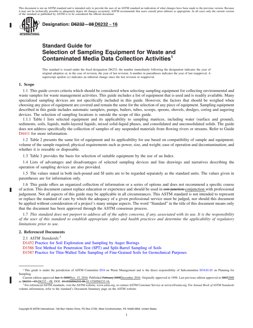 REDLINE ASTM D6232-16 - Standard Guide for  Selection of Sampling Equipment for Waste and Contaminated  Media Data Collection Activities